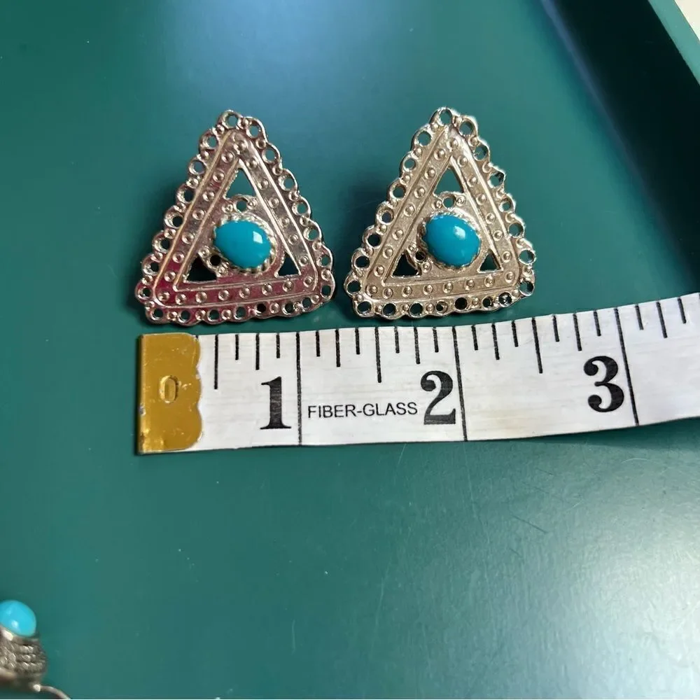 Vintage 3 Pairs Southwestern Navajo Turquoise Silver Toned Collar Clips Earrings